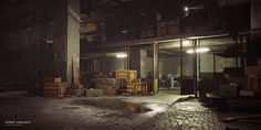 an empty warehouse with lots of boxes in the floor and stairs leading up to it