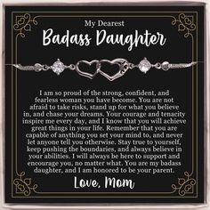 ❤ Badass Daughter Silver Bracelet with Message Card ❤ The relationship between a mother and daughter is special and lasts a lifetime. Therefore, it is good to give your daughter a special gift that will remain in her memory and to show her how much you love her. The present should show the care, love, and tenderness you feel for her.  ❥ DAUGHTER Bracelet: Made of genuine 925 sterling silver, this jewelry will never fade or tarnish. It is nickel-free, hypoallergenic, and won't turn red or cause i Sentimental Gifts For Daughter From Mom, Bracelet Daughter, Meaningful Heart-shaped Bracelets For Mother's Day, Mom Daughter Bracelet, Adjustable Pink Bracelet, Gift For Mom, To My Daughter Necklace, Graduation Gifts For Daughter, Daughter Jewelry, New Job Gift