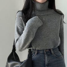 Dark Academia Turtle Neck Solid Color Sweater Trendy Soft Knit Gray Sweater, Trendy Gray Soft Knit Sweater, Basic Solid Color Winter Sweater, Basic Solid Sweater For Winter, Winter Plain Gray Tops, Trendy Plain Solid Sweater, Plain Gray Winter Tops, Gray Plain Winter Tops, Gray Plain Tops For Winter