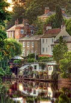 a river with houses and trees on the bank