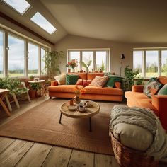 a living room filled with lots of furniture next to large windows on top of a wooden floor