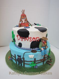 a birthday cake that is decorated with an image of a cowgirl on the top