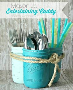 mason jar with utensils in it and the words entertaining caddy on top