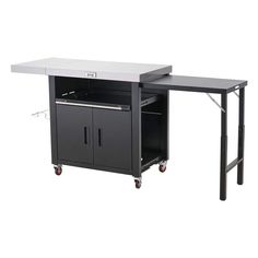 a black and white workbench on wheels with a drawer under the top that is open