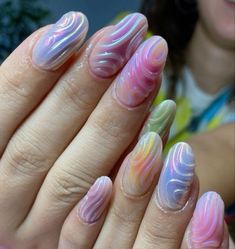 Gel Nails Chrome Design, Chrome Aura Nails, Weird Nail Art, Daisy Acrylic Nails, 3d Chrome, Aura Nails, Really Cute Nails, Kawaii Nails, Fire Nails