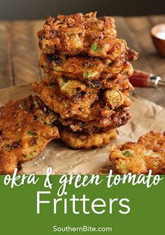 some fried food is stacked on top of each other with the words okra and green tomato fritters