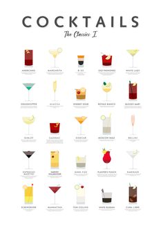 a poster with different types of cocktails on it's sides, including the names and