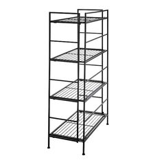 four tiered metal shelving unit with wheels on the bottom and bottom shelves, black