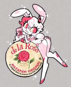 a pink rabbit sitting on top of a pizza box with the word dela rose