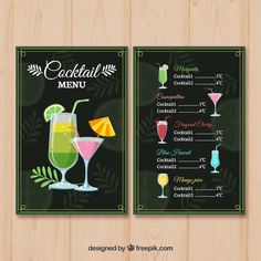 two menus with drinks on wooden background