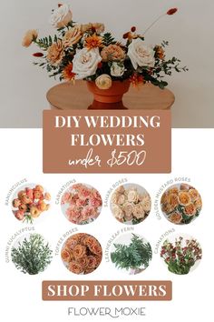 a flower shop ad with flowers in the center and text that reads diy wedding flowers under $ 500