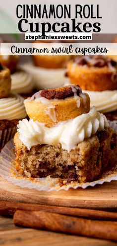 cinnamon roll cupcakes with cream cheese frosting on top