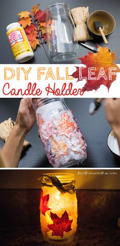 the diy fall leaf candle holder is made out of mason jars and paper leaves