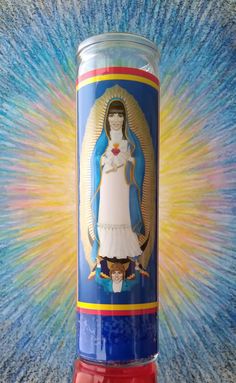 an image of the virgin mary on a blue and red can with rainbow swirls