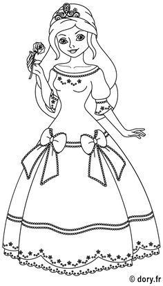 a coloring page with a princess in a dress and tiara, holding a wand