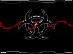 a red and black biohazard sign on a black background that is very dark