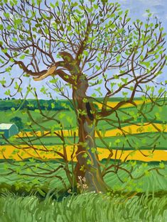 a painting of a tree with green grass and yellow stripes in the background is a blue sky