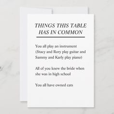 a card with the words, things this table has in common on it and an image of