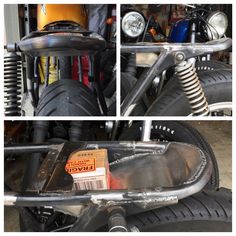 the front and rear view of a motorcycle in three different pictures, including an engine