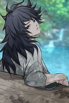 an anime character with long black hair sitting on a tree branch in front of water