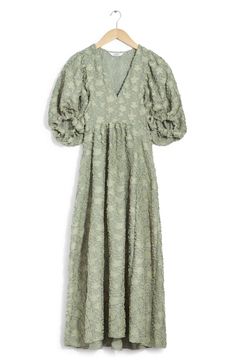 Tonal chenille blooms and generous sleeves add nostalgic romance to this winsome maxi dress rendered in a soft shade. 53" length (size 4) Hidden side-zip closure V-neck Short sleeves with elastic cuffs 100% viscose with 51% polyester, 37% viscose, 12% polyamide contrast Dry clean or machine wash, line dry Imported Formal Modest Dresses, Louis Vuitton Taschen, Expensive Clothes, Soft Autumn, Church Dresses, Fall Clothes, Maxi Dress Green, V Cut, Fashion Story