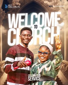 a man and woman standing next to each other in front of a welcome church sign