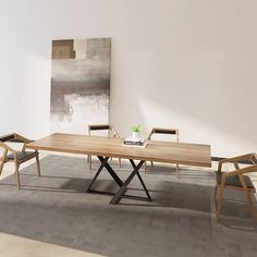 a wooden table with chairs around it and a painting on the wall in the background