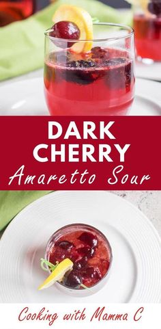 dark cherry amaretto sour recipe on a white plate