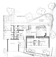 the floor plan for this modern home is outlined in black and white, with lots of windows