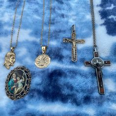 This Vintage Religious Jewelry Lot Is Perfect For Any Collector Or Fan Of Christianity. The Lot Includes Five Unique Pieces, Including A Cross, Pin, And Necklaces. Each Item Has Its Own Special Features And Design That Make Them Stand Out. The Craftsmanship Is Exceptional, And The Attention To Detail Is Superb. The Origin Of The Pieces Is Unknown, But They Are Ready To Be Worn Or Displayed. Whether You're Looking To Add To Your Collection Or Purchase A Meaningful Gift For Someone Special, This Vintage Religious Jewelry Lot Is A Great Option. Don't Miss Out On The Opportunity To Own These Beautiful And Unique Pieces. Catholic Jewelry, A Cross, Religious Jewelry, Meaningful Gifts, Womens Jewelry Necklace, Special Features, Unique Pieces, Jewelry Necklaces, Necklaces