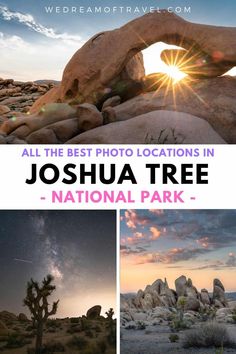 joshua tree national park with the sun in the background and text that reads, all the best photo locations in joshua tree national park