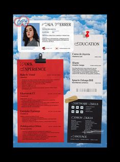 an image of a red and black resume on a blue background with clouds in the sky