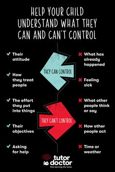 a black poster with red and blue arrows pointing to the words help your child understand what they can't control