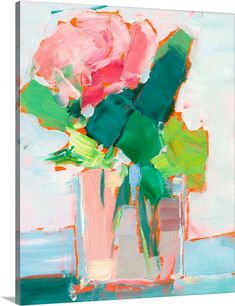 an abstract painting of pink roses in a vase