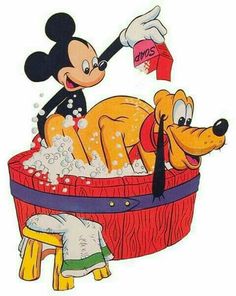 a cartoon mickey mouse taking a bath in a tub with a dog on the side