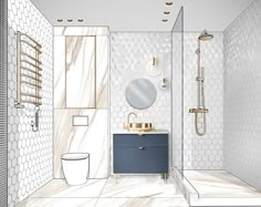 a bathroom with a toilet, sink and shower in white tiled walls next to a blue cabinet