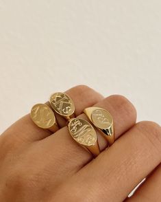 Chic and dainty monogrammed signet ring with your choice of font (block or script) and colors available in sterling silver, yellow gold vermeil, rose gold vermeil, or 14K solid gold. For your one of a kind signet ring, shop this personalized best seller, wear it with your monogram or your loved ones. Please note for monogrammed pieces enter the letters in the following order: FIRST INITIAL(first name), SECOND INITIAL(last name), THIRD INITIAL(middle name). Example: For 'Louisa May Alcott' type ' Signet Rings Women Vintage Diamond, Solid Silver Rings, Creative Gifts For Boyfriend Anniversary, Gold Letter Ring, Signet Initial Ring, Monogram Signet Ring, Signant Ring Women, Signet Ring Initials, Signet Ring Stack