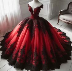 Gothic Red and Black Off the Shoulder Wedding Dresses Lace A Line Bridal Gowns.  "This pin contains affiliate links, which means I may earn a commission at no cost to you extra for you". 
 #affiliate #advertising" Vampire Theme Quinceanera Dress, Red And Black Xv Dresses, Black And Red Princess Dress, Princess Ball Gowns Red, Modern Quinceanera Dresses, Quinceanera Dresses Red And Black, Red And Black Quinceanera Dresses, Black And Red Quinceanera Dresses, Red And Black Wedding Dress