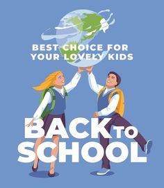 back to school banner, poster. A schoolboy and a schoolgirl are holding a big globe on a blue background with text. Vector flat illustratio School Banner, Flat Vector, Graphic Elements, Blue Backgrounds, Blue Background, Hold On, Vector Free, Back To School, Globe