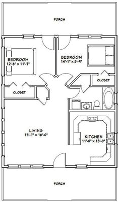 the floor plan for a two bedroom, one bathroom apartment with an attached living area