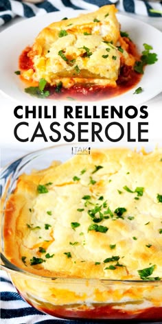 a casserole dish with cheese and herbs in it on a blue and white table cloth