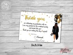 a thank card with the words, thank you and a photo of a woman in black dress