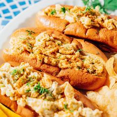 two hot dogs and potato chips on a white plate with green leafy garnish