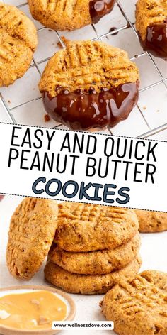 peanut butter cookies are stacked on top of each other with the words easy and quick peanut butter cookies