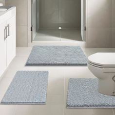 two bathroom rugs on the floor in front of a toilet