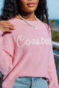 Details Pink Coastal Script Sweater Textured fabric has some stretch, relaxed fit Coastal scripted, Crew neckline with long sleeves, and ribbed detail on hem and sleeves Pair this sweater with jean shorts and sandals! Unlined Size small from shoulder to hem: 20" Material and Care 100% acrylic Machine wash cold, tumble dry low Patterns may vary Materials may have natural variations Colors may vary from different viewing devices Sweater With Jean Shorts, Pink Coastal, Beach Sweater, Beach Pink, Gameday Outfit, Textured Fabric, Small Tops, Jean Shorts, The Beach