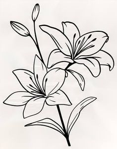 a black and white drawing of three flowers