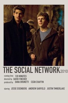 two men standing next to each other in front of a white sign that says the social network 2010