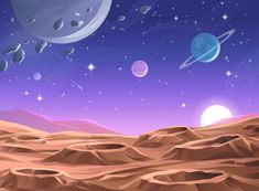 an artist's rendering of planets in the sky above a desert area with sand dunes