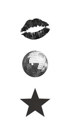 a black and white photo of a mirror ball, star and lipstick on a white background